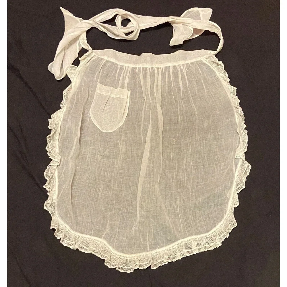 #5734 Womens White Sheer Lace Half Hostess Apron rust stains